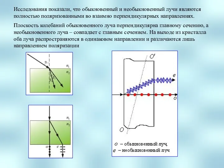 Исследования показали, что обыкновенный и необыкновенный лучи являются полностью поляризованными