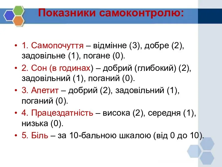 Показники самоконтролю: 1. Самопочуття – відмінне (3), добре (2), задовільне