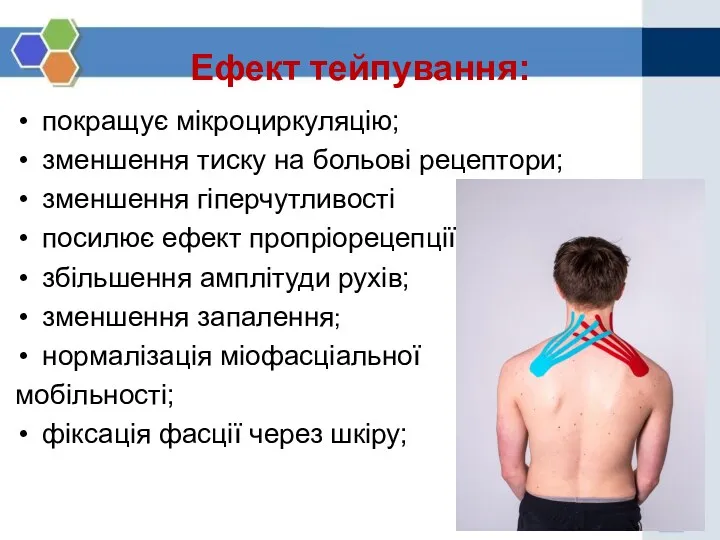 Ефект тейпування: покращує мікроциркуляцію; зменшення тиску на больові рецептори; зменшення