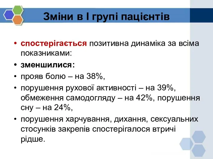 Зміни в І групі пацієнтів спостерігається позитивна динаміка за всіма