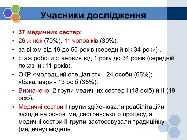 Учасники дослідження 37 медичних сестер: 26 жінок (70%), 11 чоловіків