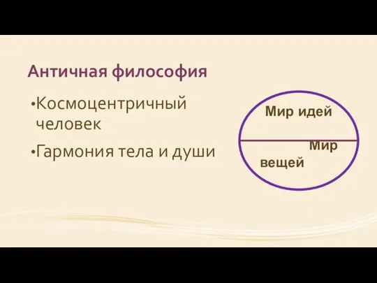 Античная философия Космоцентричный человек Гармония тела и души Мир идей Мир вещей