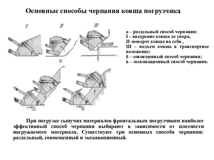 Основные способы черпания ковша погрузчика а – раздельный способ черпания: I – внедрение