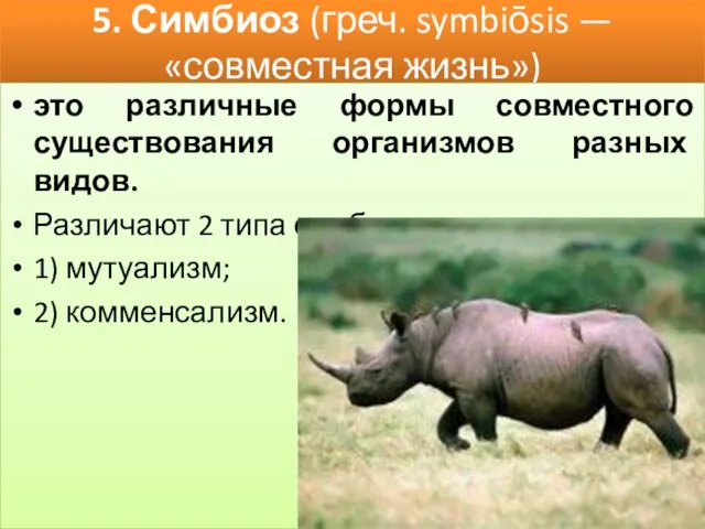 5. Симбиоз (греч. symbiōsis — «совместная жизнь») это различные формы совместного существования организмов