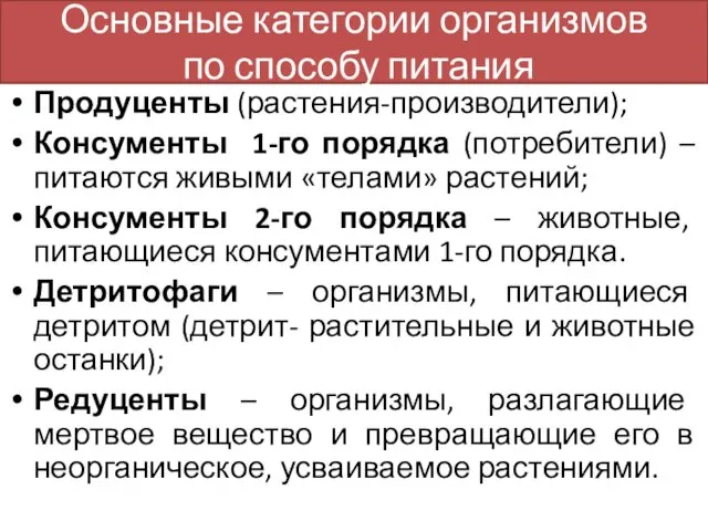 Основные категории организмов по способу питания Продуценты (растения-производители); Консументы 1-го порядка (потребители) –