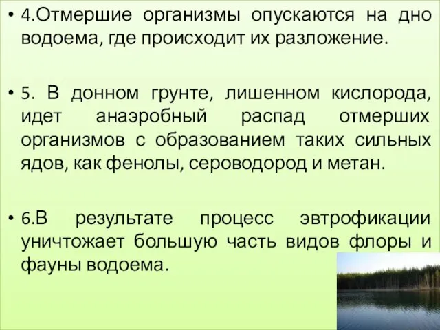 4.Отмершие организмы опускаются на дно водоема, где происходит их разложение. 5. В донном