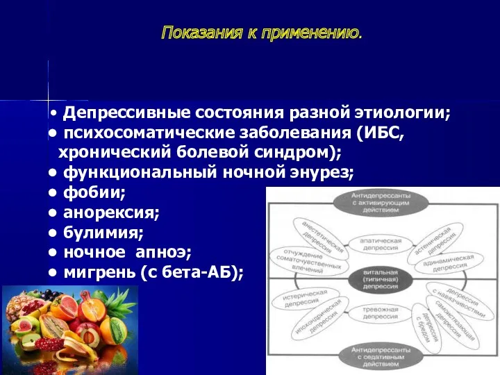 Показания к применению. Депрессивные состояния разной этиологии; психосоматические заболевания (ИБС,