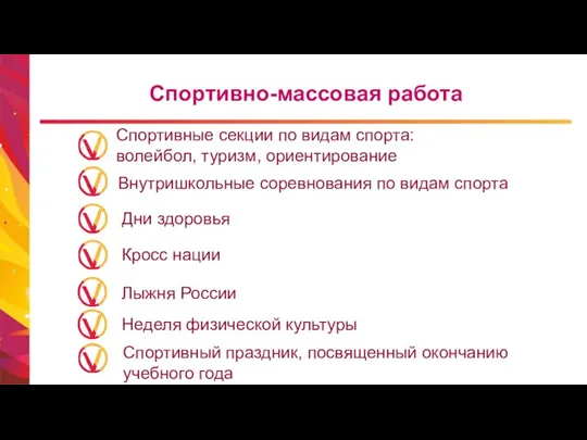 Спортивно-массовая работа Внутришкольные соревнования по видам спорта Спортивные секции по видам спорта: волейбол,