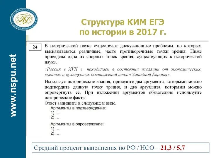 www.nspu.net Структура КИМ ЕГЭ по истории в 2017 г. Средний