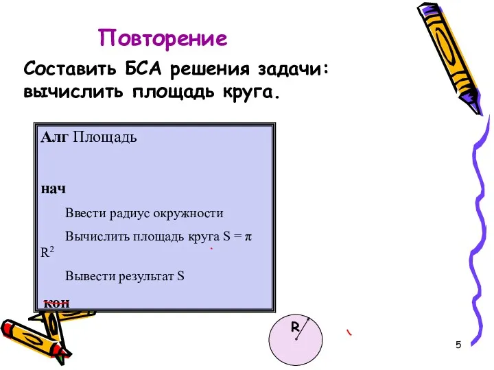 Повторение Составить БСА решения задачи: вычислить площадь круга. Алг Площадь