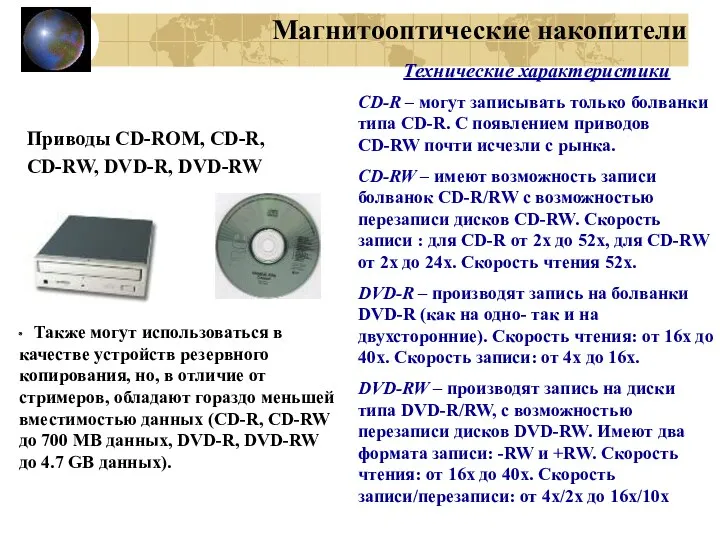 Магнитооптические накопители Приводы CD-ROM, CD-R, CD-RW, DVD-R, DVD-RW Технические характеристики
