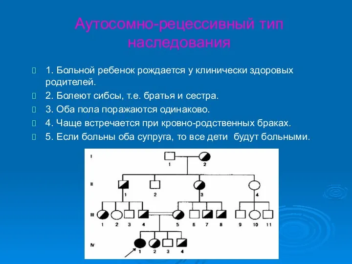 Аутосомно-рецессивный тип наследования 1. Больной ребенок рождается у клинически здоровых