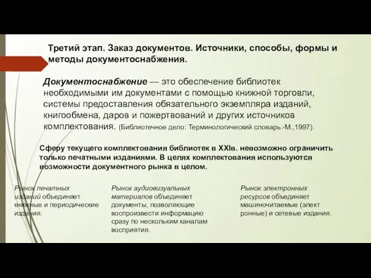 Третий этап. Заказ документов. Источники, способы, формы и методы документоснабжения.