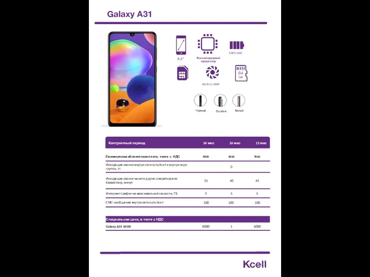Galaxy А31 64 GB Голубой Черный 48+8+5+5MP 6,4” 5000 mAh Восьмиядерный процессор Белый