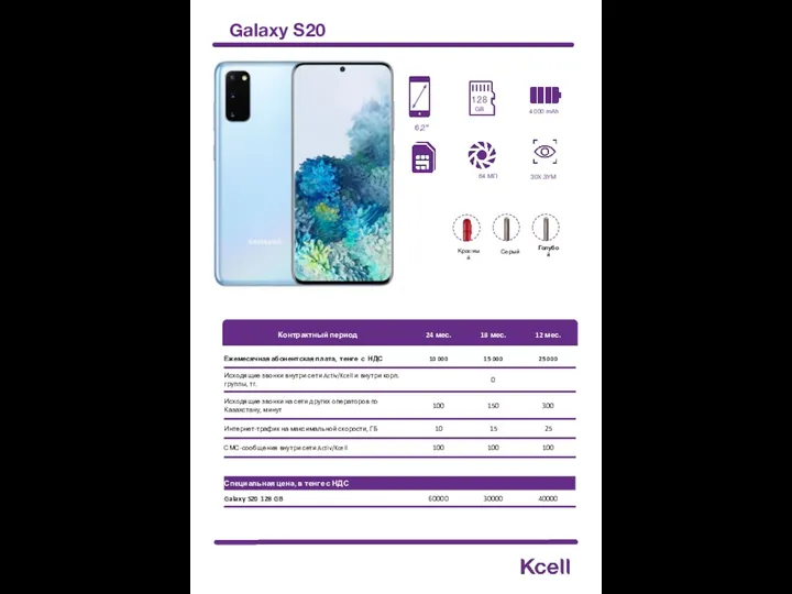 Galaxy S20 128 GB Серый 64 МП 6,2” 4 000 mAh 30X ЗУМ Красный Голубой