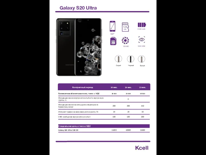 Galaxy S20 Ultra 128 GB Серый 108 МП 6,9” 5 500 mAh 100X ЗУМ Черный Белый
