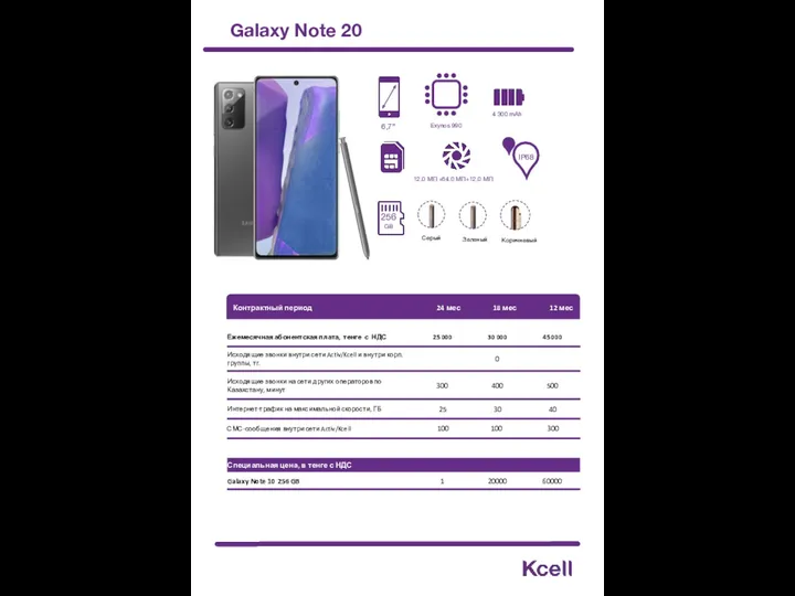 Galaxy Note 20 256 GB Зеленый Серый 12.0 MП +64.0 MП+12.0 MП 6,7”