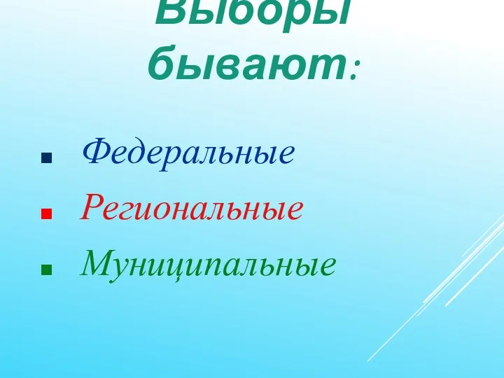 Выборы бывают: Федеральные Региональные Муниципальные