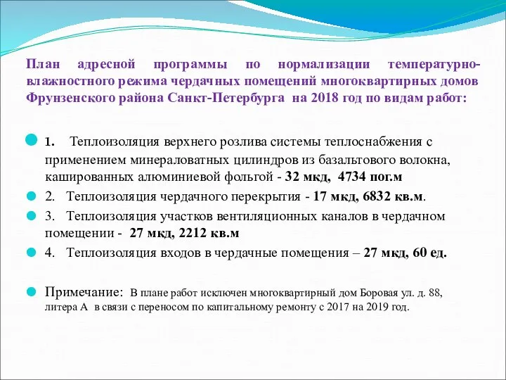 План адресной программы по нормализации температурно-влажностного режима чердачных помещений многоквартирных домов Фрунзенского района