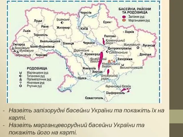 Назвіть залізорудні басейни України та покажіть їх на карті. Назвіть