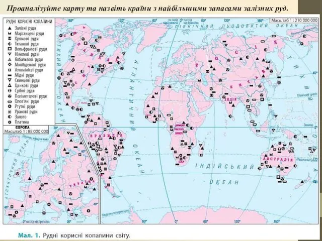 Проаналізуйте карту та назвіть країни з найбільшими запасами залізних руд.