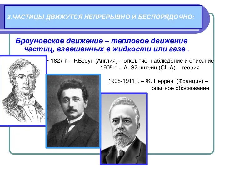 Броуновское движение – тепловое движение частиц, взвешенных в жидкости или