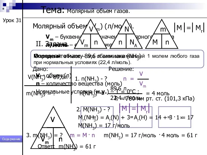 * Тема: Молярный объем газов. Урок 31 Молярный объем (Vm)