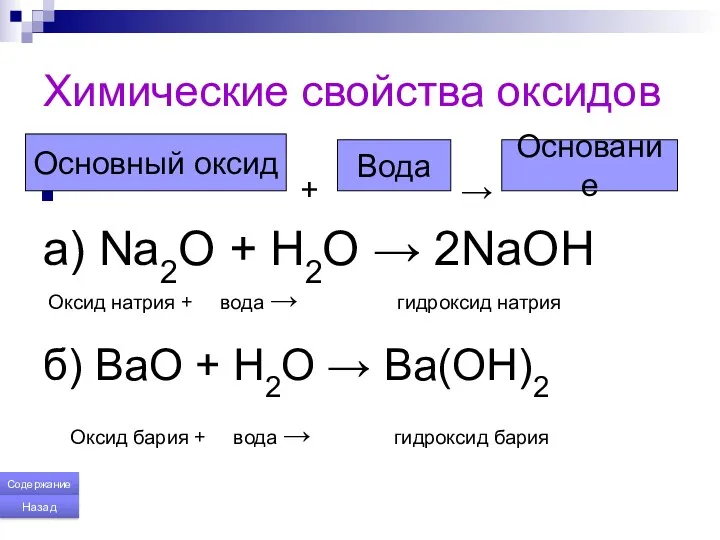 Химические свойства оксидов + → а) Na2O + H2O →