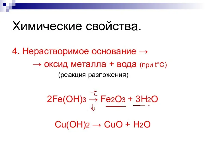 Химические свойства. 4. Нерастворимое основание → → оксид металла +