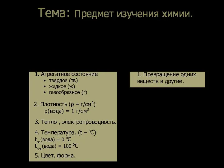 Тема: Предмет изучения химии. III. Свойства – это признаки по