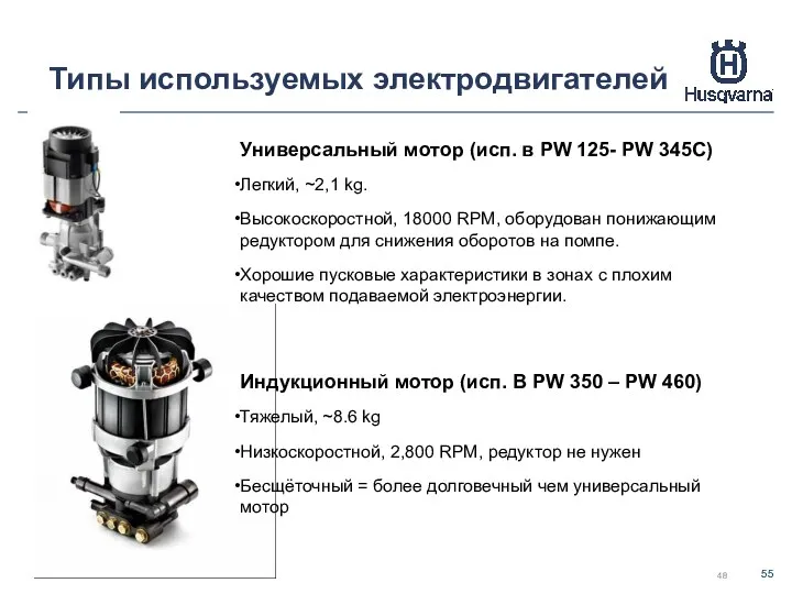 Типы используемых электродвигателей Универсальный мотор (исп. в PW 125- PW 345C) Легкий, ~2,1