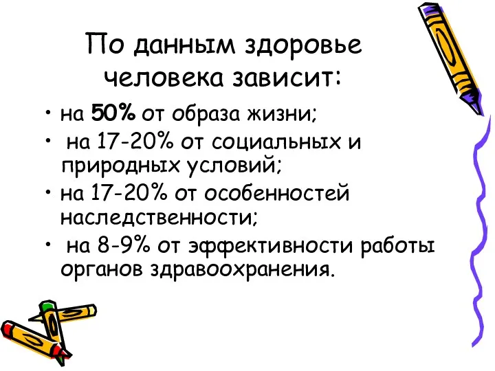 По данным здоровье человека зависит: на 50% от образа жизни;