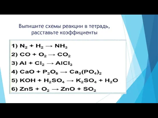 Выпишите схемы реакции в тетрадь, расставьте коэффициенты