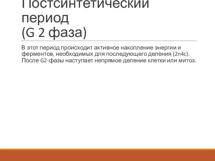 Постсинтетический период (G 2 фаза) В этот период происходит активное