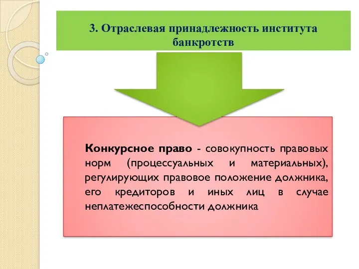 3. Отраслевая принадлежность института банкротств Конкурсное право - совокупность правовых