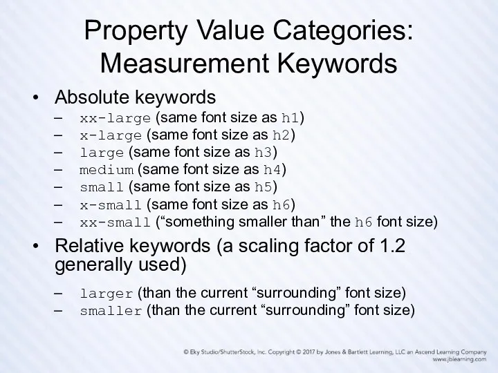 Property Value Categories: Measurement Keywords Absolute keywords xx-large (same font size as h1)