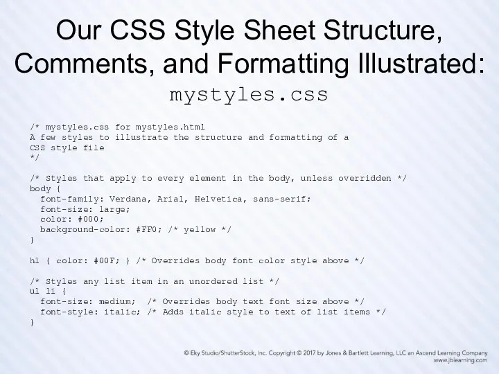 Our CSS Style Sheet Structure, Comments, and Formatting Illustrated: mystyles.css /* mystyles.css for