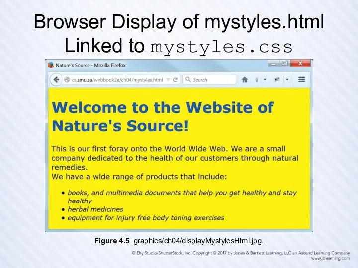 Browser Display of mystyles.html Linked to mystyles.css Figure 4.5 graphics/ch04/displayMystylesHtml.jpg.