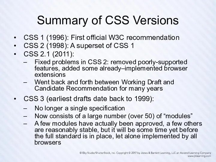 Summary of CSS Versions CSS 1 (1996): First official W3C recommendation CSS 2