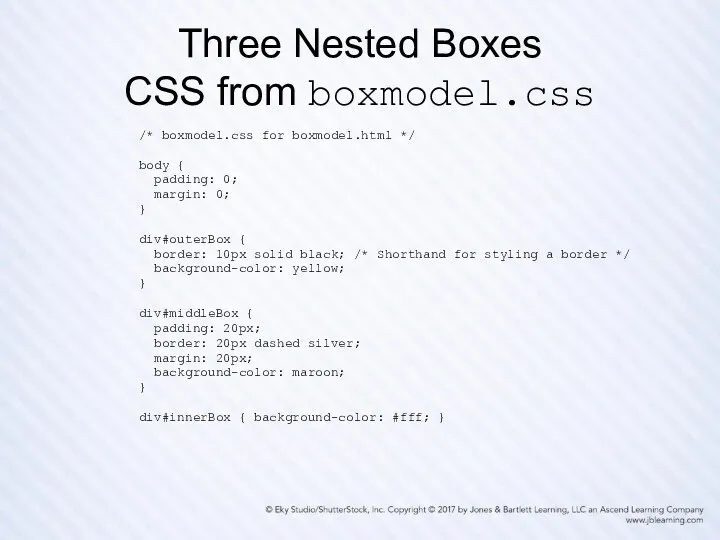 Three Nested Boxes CSS from boxmodel.css /* boxmodel.css for boxmodel.html */ body {
