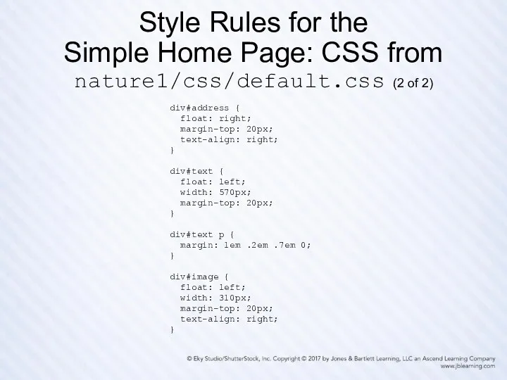Style Rules for the Simple Home Page: CSS from nature1/css/default.css (2 of 2)