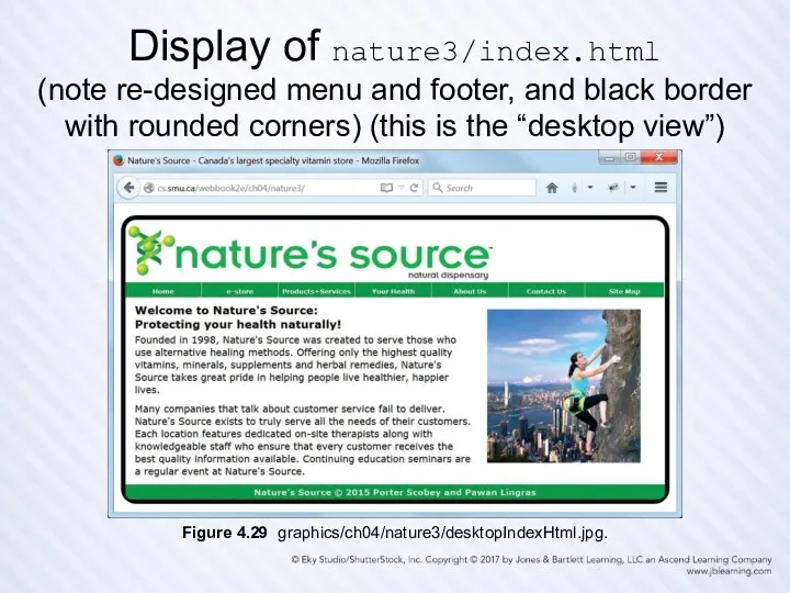Display of nature3/index.html (note re-designed menu and footer, and black border with rounded