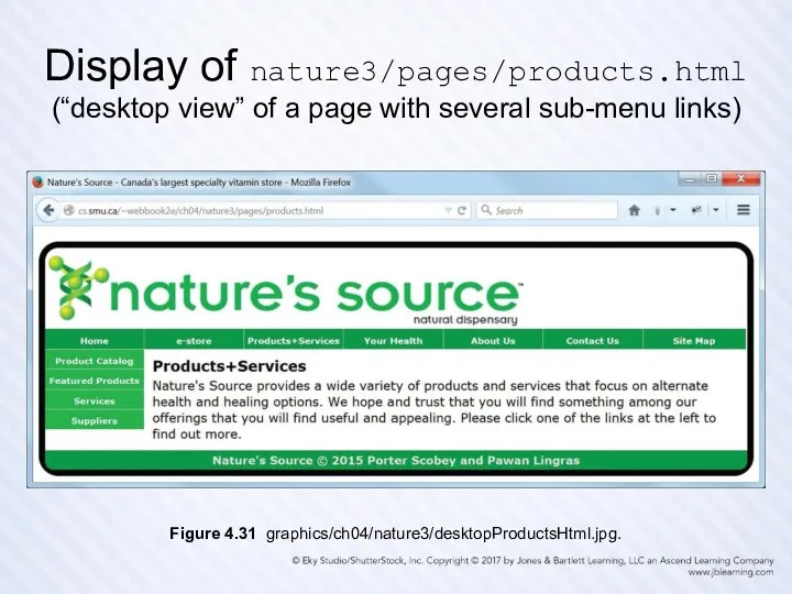 Display of nature3/pages/products.html (“desktop view” of a page with several sub-menu links) Figure 4.31 graphics/ch04/nature3/desktopProductsHtml.jpg.