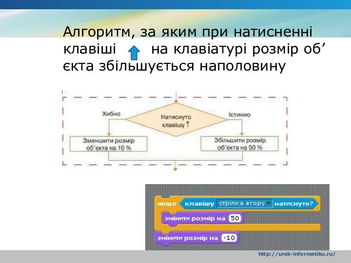 Алгоритм, за яким при натисненні клавіші на клавіа­турі розмір об’єкта збільшується наполовину http://urok-informatiku.ru/