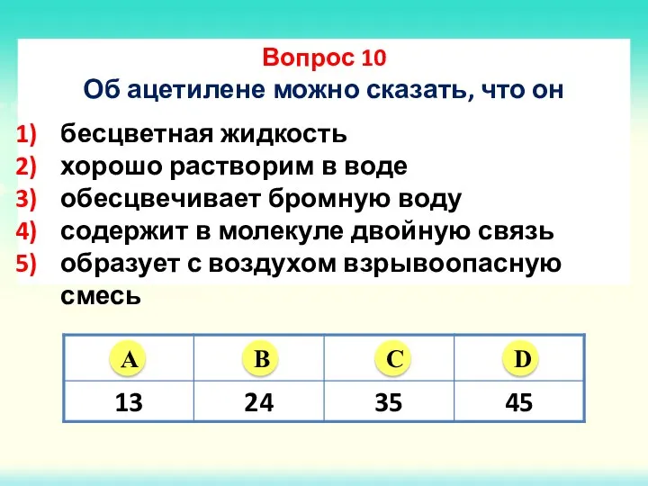 Вопрос 10 Об ацетилене можно сказать, что он бесцветная жидкость