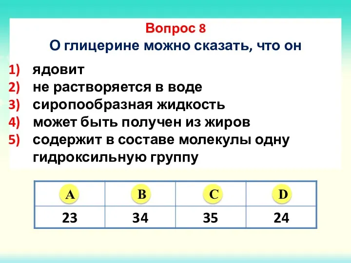 Вопрос 8 О глицерине можно сказать, что он ядовит не