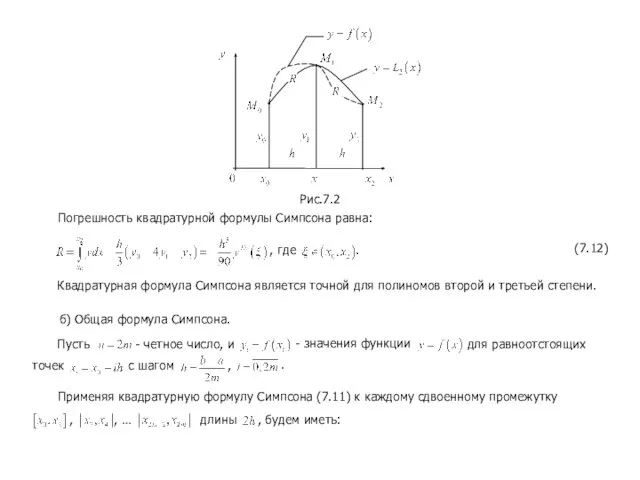 Погрешность квадратурной формулы Симпсона равна: , где . (7.12) Квадратурная формула Симпсона является