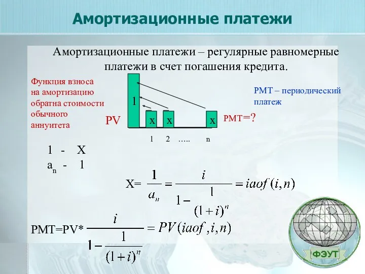 Амортизационные платежи Амортизационные платежи – регулярные равномерные платежи в счет