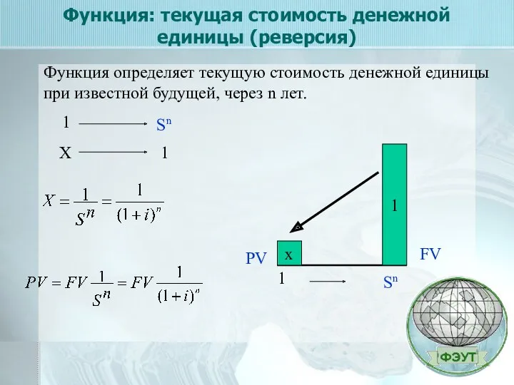 Функция: текущая стоимость денежной единицы (реверсия) Функция определяет текущую стоимость