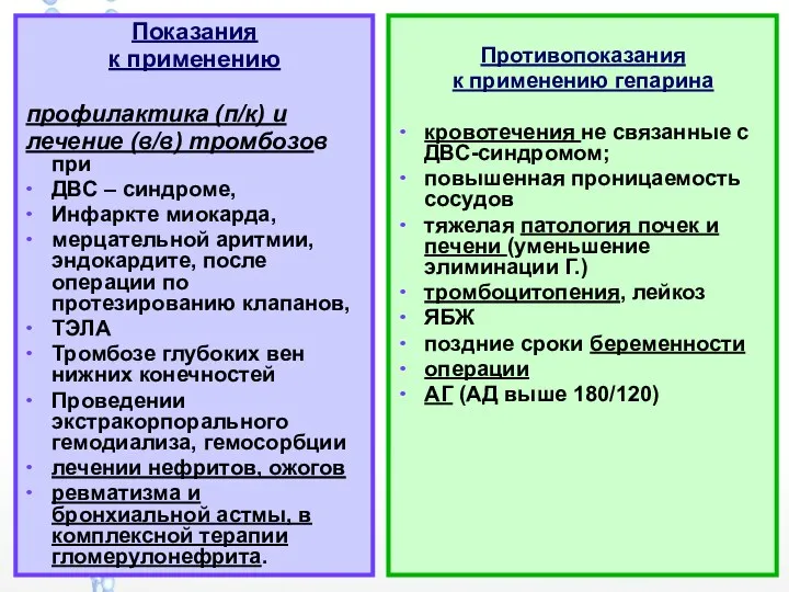 Показания к применению профилактика (п/к) и лечение (в/в) тромбозов при